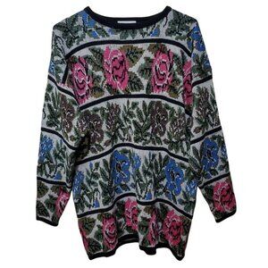 VTG‎ Cervelle Women's Sz Large Pullover Sweater Floral Roses Stripes Wool Blend